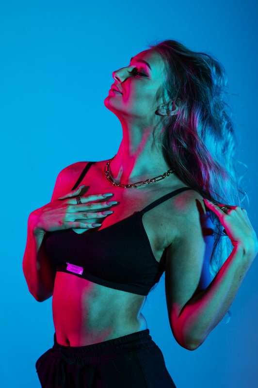 Fashion portrait lit with coloured gels
