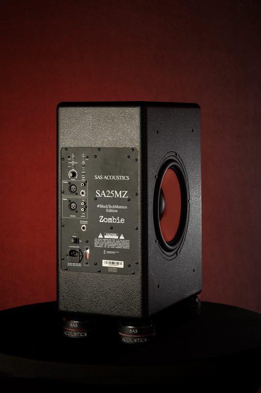 SAS Acoustics 'Zombie' edition monitor, back panel, red backdrop